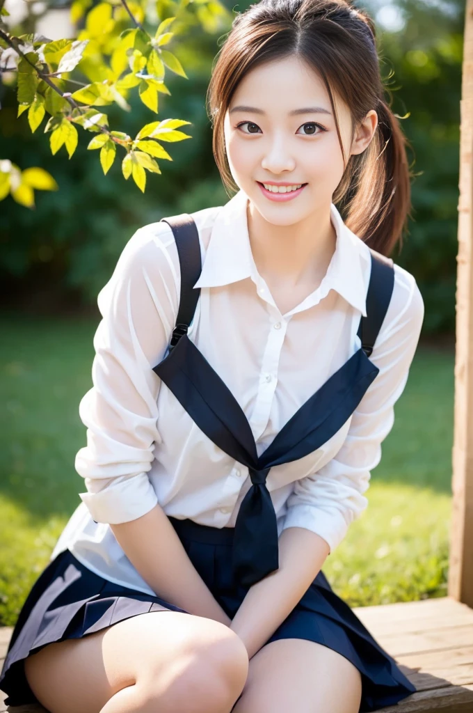 Pure Japanese school girl, natural body, shiny white skin, thighs, wearing uniforms, natural ponytail, no makeup, impressive big brown eyes, pure smile, feeling soft breeze in hair, sitting, little bit sexy feeling, sweet temptation, professional portrait photography, dazzling summer sunlight,