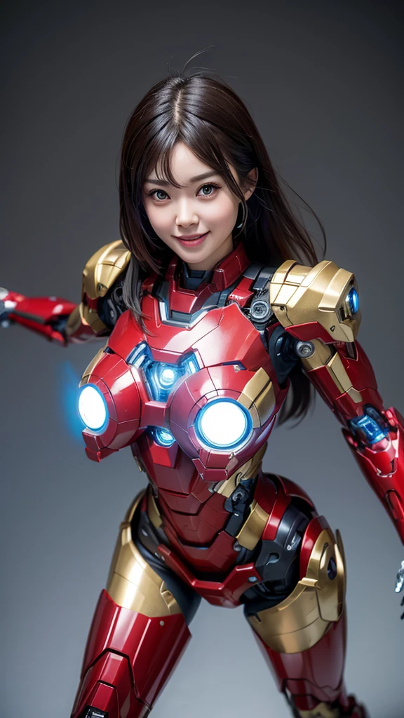 Textured skin, Super Detail, high details, High quality, Best Quality, hight resolution, 1080p, hard disk, Beautiful,(Iron Girl),Beautiful Smile,beautiful cyborg woman,Mecha Cyborg Girl,Battle Mode,Girl with a Mecha Body,She wears an Iron Man mech,A powerful cyborg woman, sleek and futuristic, with advanced mechanical augmentations that enhance her strength and capabilities