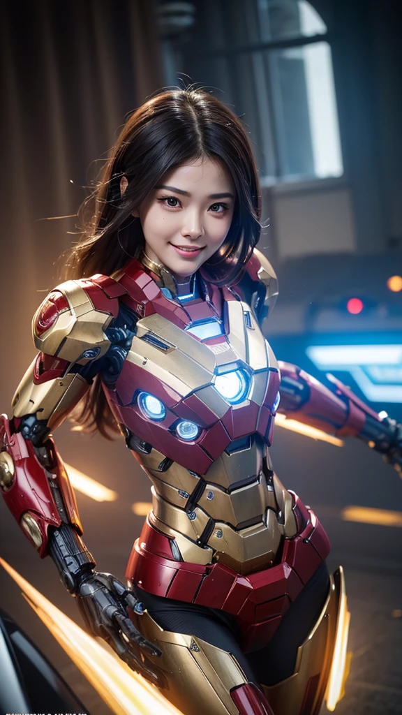Textured skin, Super Detail, high details, High quality, Best Quality, hight resolution, 1080p, hard disk, Beautiful,(Iron Girl),Beautiful Smile,beautiful cyborg woman,Mecha Cyborg Girl,Battle Mode,Girl with a Mecha Body,She wears an Iron Man mech,A powerful cyborg woman, sleek and futuristic, with advanced mechanical augmentations that enhance her strength and capabilities