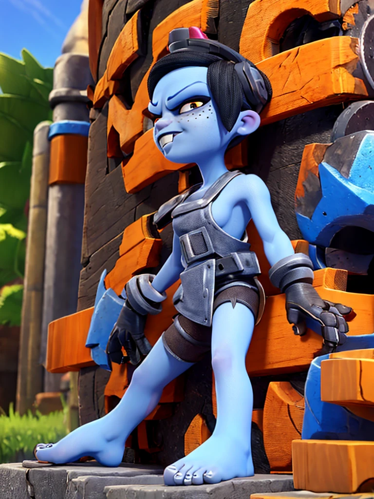 nina cortex, short black hair, blue skin, freckles, black eyes, buck teeth, mechanical gloves, forehead mark 'n', barefoot, five-toed feet, soles, foot fetish, barefeet,
