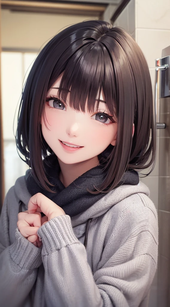 Highly detailed face, (()), pretty girl, Vibrant colors, Soft natural light, Bokeh effect. Winter clothing, Perfect Makeup, Professional photography, shower room, Vibrant colors, (smile, Laughter), 