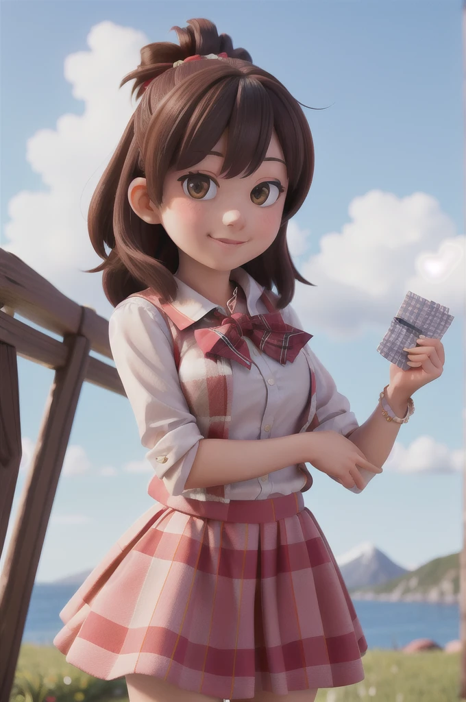 masterpiece, high quality best quality,1girl, bangs, beach, blue_sky, blush, bow, breasts, checkered, checkered_shirt, checkered_skirt, cloud, cloudy_sky, collarbone, day, envelope, giving, grass, hair_bow, heart, holding, holding_letter, horizon, incoming_gift, kazami_yuuka, leaning_forward, lens_flare, letter, light_rays, long_hair, looking_at_viewer, love_letter, mountain, mountainous_horizon, ocean, outdoors, plaid, plaid_background, plaid_bikini, plaid_bow, plaid_bowtie, plaid_bra, plaid_dress, plaid_headwear, plaid_jacket, plaid_legwear, plaid_necktie, plaid_neckwear, plaid_panties, plaid_pants, plaid_ribbon, plaid_scarf, plaid_shirt, plaid_skirt, plaid_vest, pov, shirt, skirt, sky, smile, solo, sun, sunbeam, sunlight, tree, unmoving_pattern