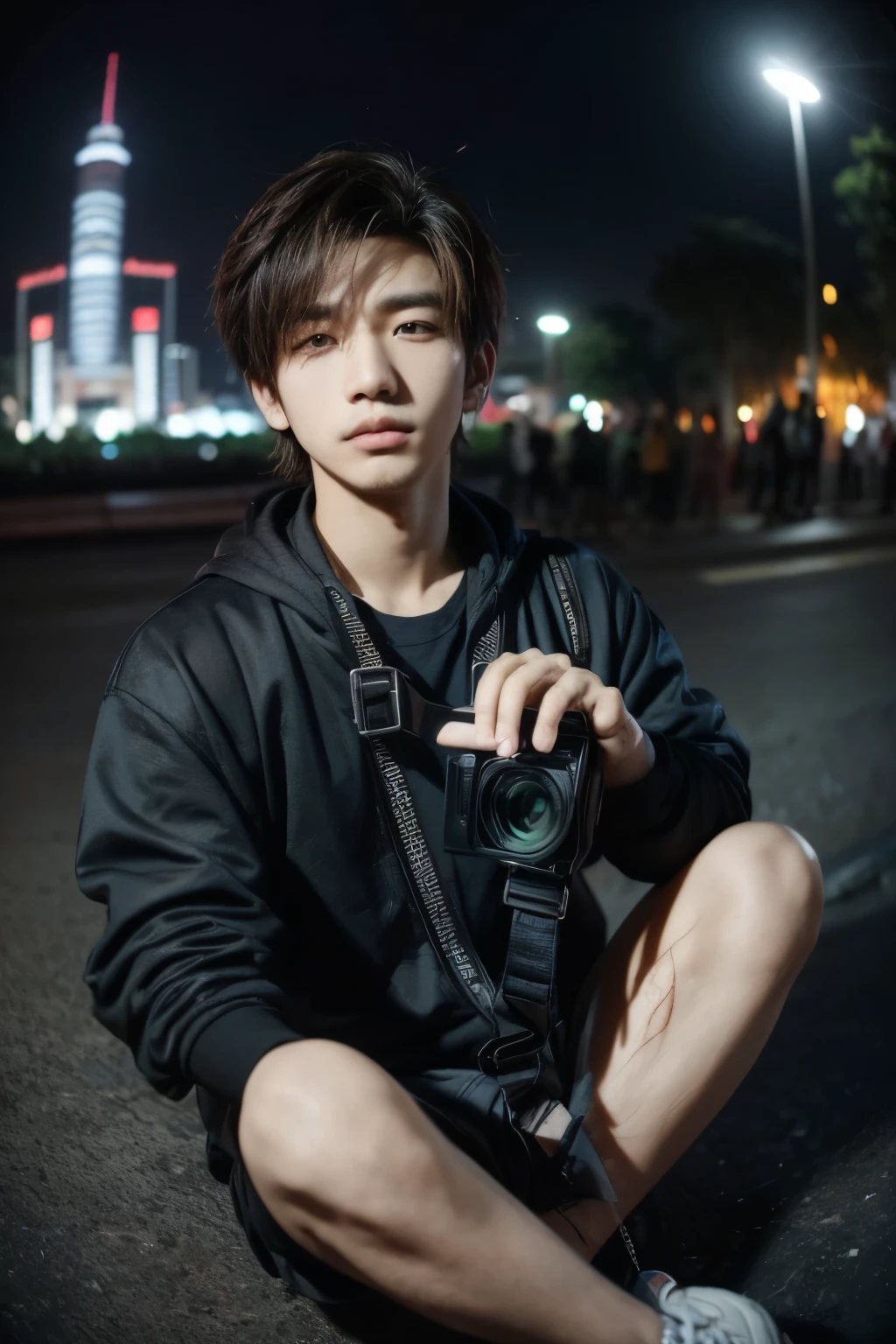 asian man sitting on the ground in front of a building, wideangle portrait, wide angle dynamic portrait, extreemly detail, anime style mixed with fujifilm, wide - angle portrait, fisheye portrait, night fision, sitting in monas jakarta,(( holding a nicon camera )),(( holding a camera )),(( holding a nicon camera )),(( holding a nicon camera )),(( nicon camera in hand )), indonesian streetwear, in the streets of jakarta, portrait of a indonesia teen, wearing indonesian techwear, wide angle + masterpiece, jakarta looks like jungkook with a beautiful short mullet hair, tatoo