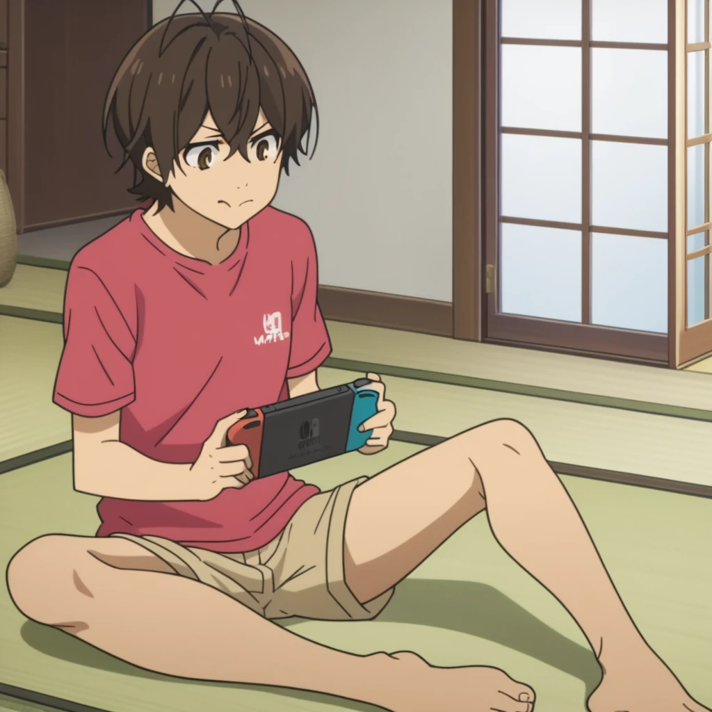 score_8_up, score_7_up, score_6_up, source anime, anime screencap, miwa, shirt, shorts, sitting, legs spread, knees bent, tatami mat, indoors, living room, holding nintendo switch, looking at nintendo switch, concentrating, closed mouth, tongue out,