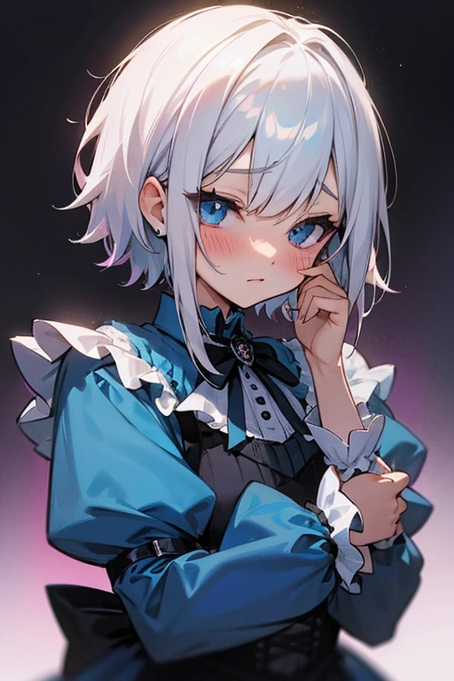 Short white hair, blush, Gothic Lolita、Punk Fashion、Headbang 2.、Blue clothes、