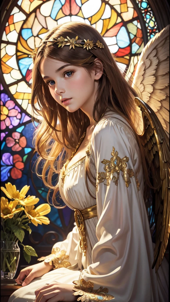 realistic,photorealistic,photo-realistic:1.37,best quality,4k,8k,highres,masterpiece:1.2,ultra-detailed,vibrant colors,stained glass,beautiful vintage angel woman,frontal face,front face,front view,gold hair,determined expression,(large open angel wings:1.1),Alphonse Mucha style,intricate floral background,warm tones,soft lighting,1girl