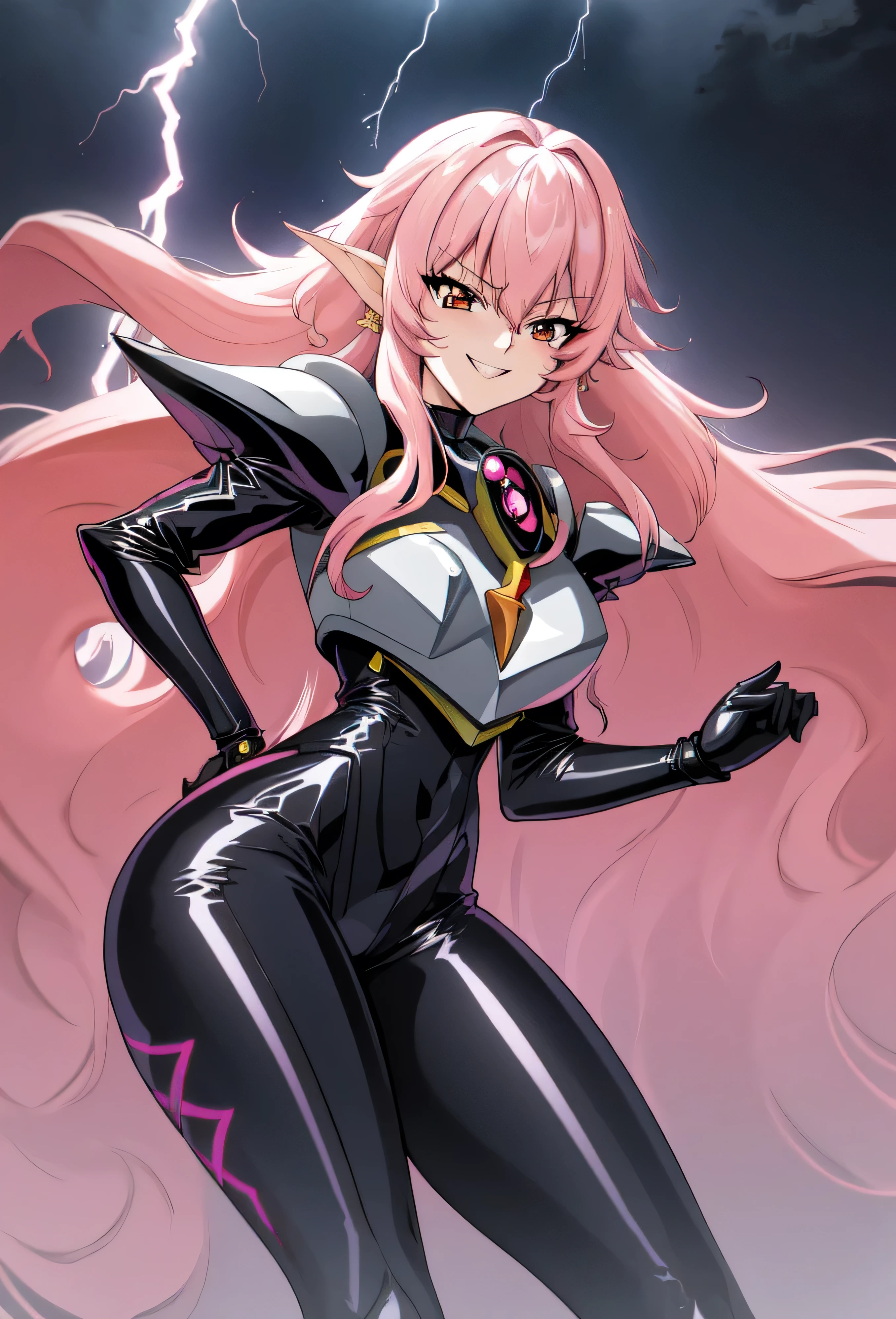 high quality, extremely detailed, perfect face,  Nova, long pink hair, (black latex bodysuit), steel pauldrons, steel breastplate, long ears, evil smirk, evil laugh, medium breasts, (dark and stormy skies, lightning)(masterpiece:1.0),(Highest_quality:1.0), 超High resolution,4k,Super detailed, photo shoot, 8K, HDR, High resolution, disorganized:1.2, kodak portrait 400,raising a lightning,
