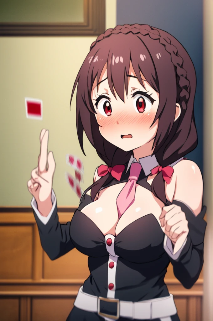(masterpiece, Highest quality), One girl, Yunyun,Long Hair,Braiding,Twin tails,Hair between the eyes,Red hair ribbon,hair ornaments,large round breasts,、Pink Skirt、Black Hair、Crown Blade,Black Shirt, Long sleeve,Pink tie, belt, Cleavage cutout、Above the knee、(blush)、Young face、(Surprised face:1.2)、Playing cards indoors