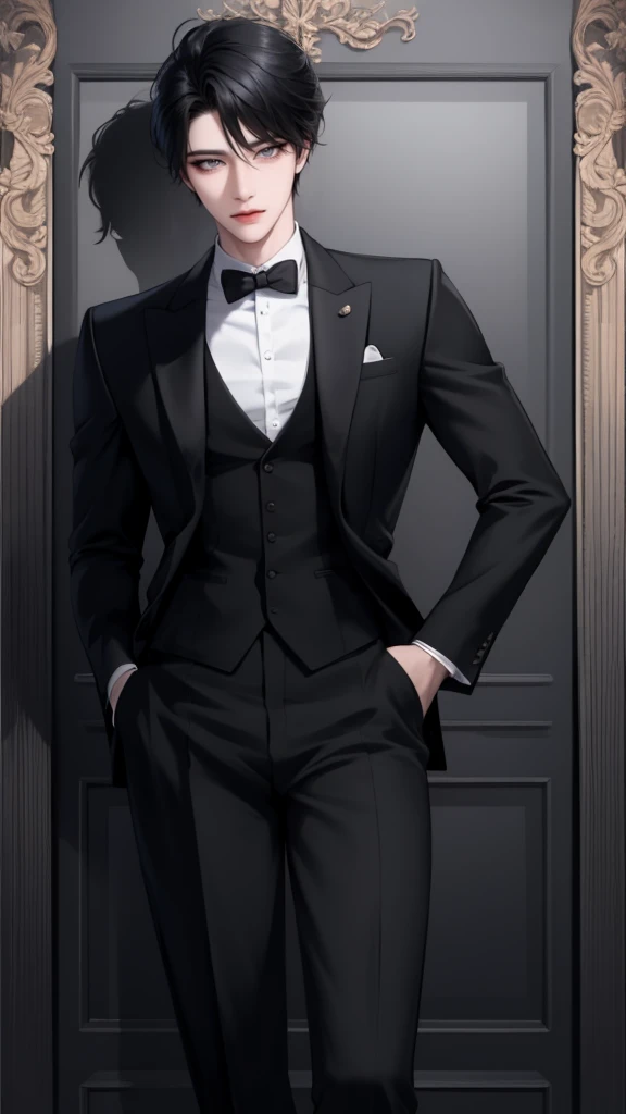1man, manhwa, black hair, black eyes, wearing formal wear, ID photo, handsome, two block hair, HD, 8K