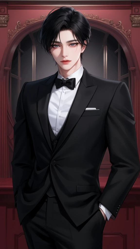 1man, manhwa, black hair, black eyes, wearing formal wear, ID photo, handsome, two block hair, HD, 8K