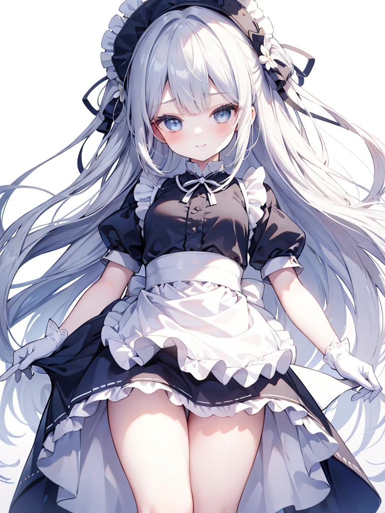 best quality,masterpiece,detailed face, uncensored, 1girl, solo focus, smile, blush, solo, full body, standing, dark blue hair, long hair,low tied hair, forehead, blue eyes, maid, maid headdress, dark blue dress, puffy sleeves, elbow gloves, white gloves, apron, long skirt, dark blue skirt, white thighhighs,Masterpiece, Top Quality Anime Illustration, Super Detail, One Girl, Solo, Beautiful Girl with Silver Hair, Anime , maid dress,Smile,(white background),((charming))、perfect proportions, cute woman, baby face, BREAK source_anime, high detail, looking at viewer,POV, large chest, best quality, highly detailed, young face,Droopy eyes,relaxed face,