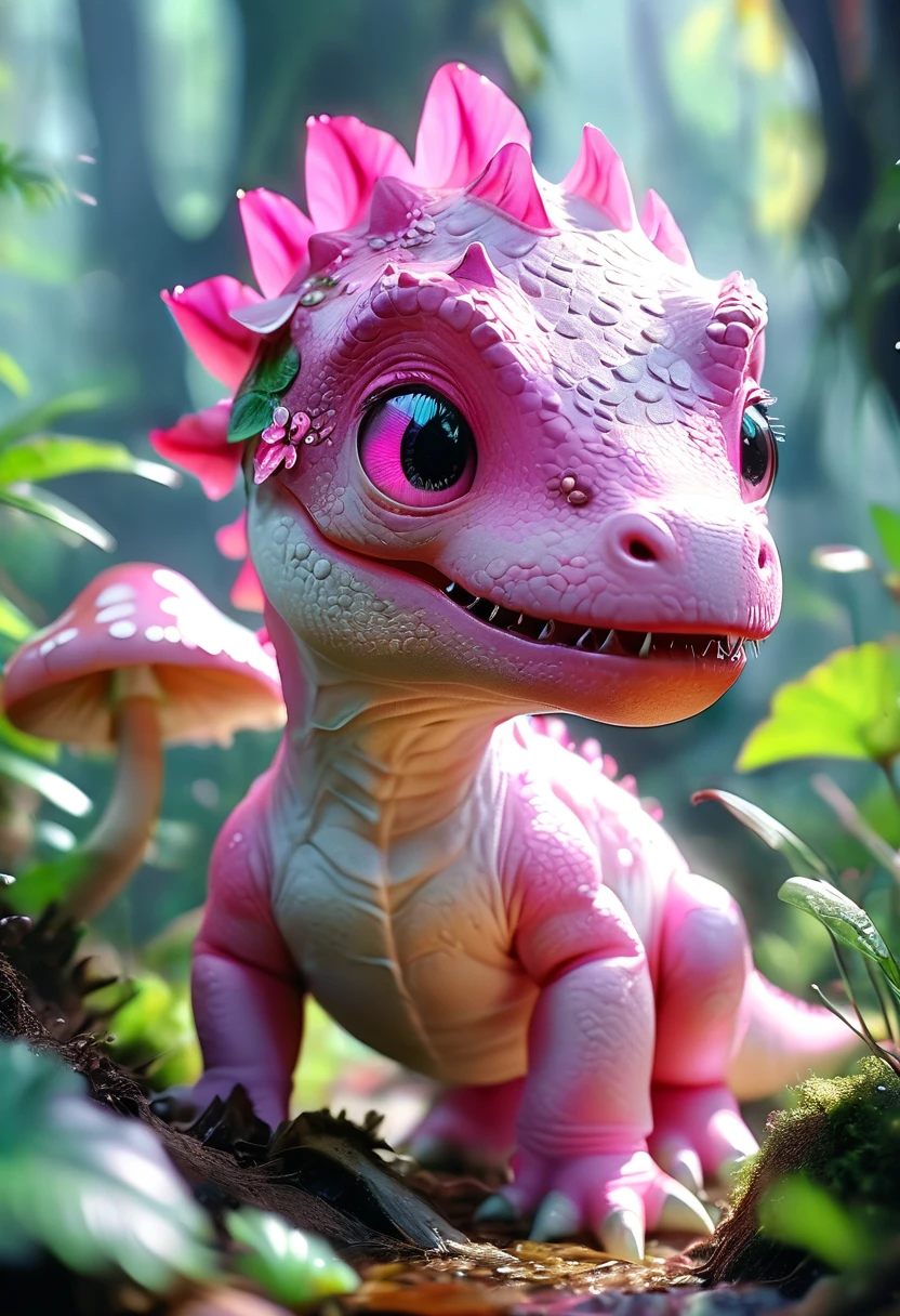 (2 cute pink little Tyrannosaurus Rex,translucent,), Beautiful and delicate pink eyes, Long eyelashes,Beautiful and delicate face, Extremely detailed eyes and face, Cute expression, Dense jungle background, Strange mushrooms,Dreamy, Fantastic, watercolor, number, (best quality,4K,8K,high resolution,masterpiece:1.2),Extremely detailed,(Practical,photoPractical,photo-Practical:1.37),Vibrant colors,Soft lighting