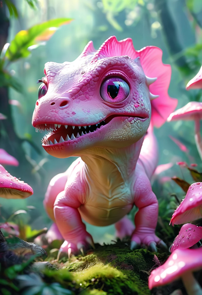 (2 cute pink little Tyrannosaurus Rex,translucent,), Beautiful and delicate pink eyes, Long eyelashes,Beautiful and delicate face, Extremely detailed eyes and face, Cute expression, Dense jungle background, Strange mushrooms,Dreamy, Fantastic, watercolor, number, (best quality,4K,8K,high resolution,masterpiece:1.2),Extremely detailed,(Practical,photoPractical,photo-Practical:1.37),Vibrant colors,Soft lighting