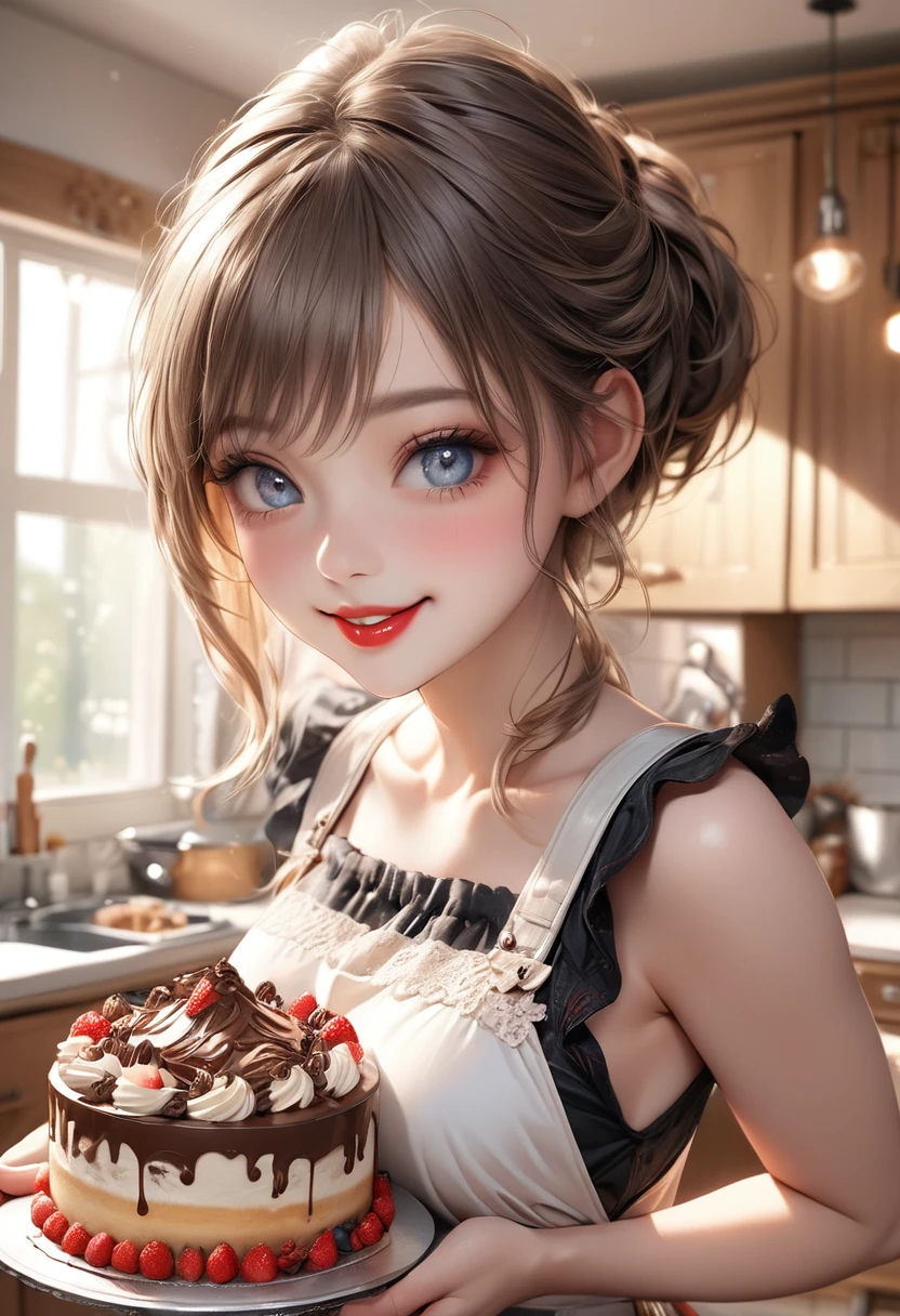 beautiful cute girl, colorful kitchen, extremely intricate cute dress apron outfit, no sleeve, middle breasts, baking a cake, sneaking a taste, chocolate on her lips, happy smiling face, (highest quality,16k,highres,masterpiece:1.2),ultra-detailed,(ultra-realistic,photorealistic,photo-realistic:1.37),extremely detailed eyes and face,beautiful detailed eyes,beautiful detailed lips,longeyelashes,idol posing,warm color tones,natural lighting,soft focus,cute,adorable,whimsical,sweet