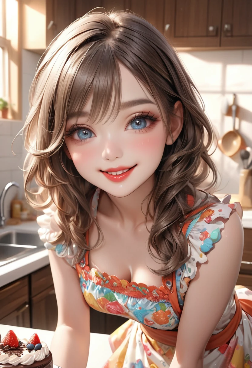 beautiful cute girl, colorful kitchen, extremely intricate cute dress apron outfit, no sleeve, middle breasts, baking a cake, sneaking a taste, chocolate on her lips, happy smiling face, (highest quality,16k,highres,masterpiece:1.2),ultra-detailed,(ultra-realistic,photorealistic,photo-realistic:1.37),extremely detailed eyes and face,beautiful detailed eyes,beautiful detailed lips,longeyelashes,idol posing,warm color tones,natural lighting,soft focus,cute,adorable,whimsical,sweet