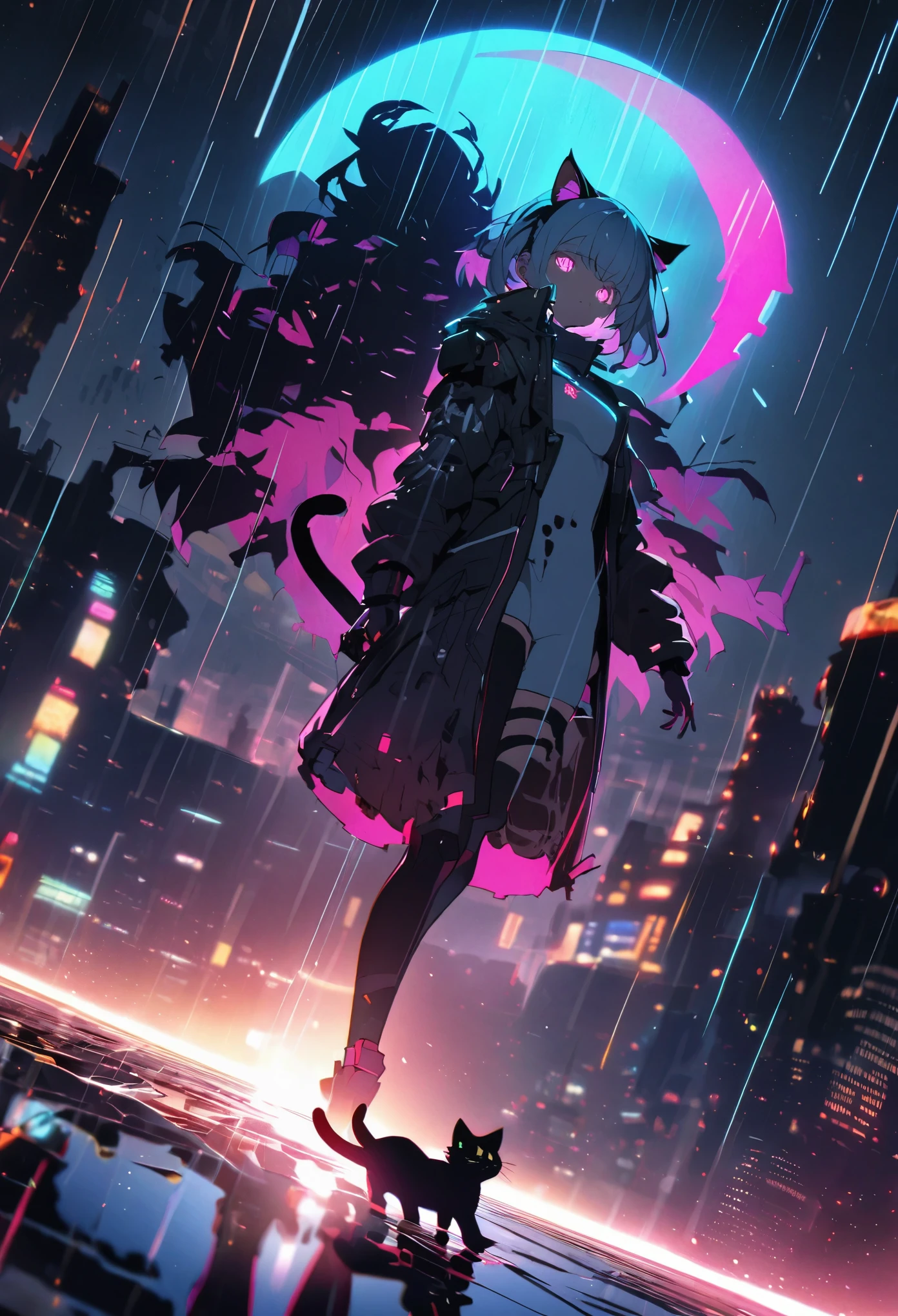 Detailed silhouette of a cyberpunk girl with cat ears and a tail, Flowing, Tattered coat, He carries a giant scythe with a mechanical cat design on it.., Stand on the glossy, Minimalist Reflective Surface, Depth, Dynamic Angle、Particles that glow throughout、Dimly、rain、Fisheye Lens:1.2、far and near method