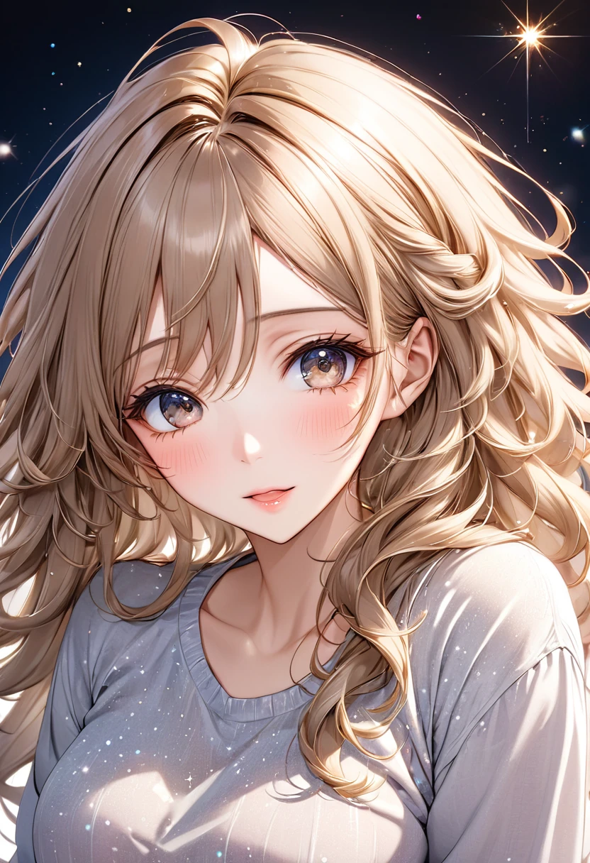 best quality, super fine, 16k, incredibly absurdres, extremely detailed, 2.5D, delicate and dynamic depiction, beautiful woman, amorous and lewd expression, light brown messy wavy hair, make-up, casual clothes, long skirt, sparkly fluffy effect, portraits, prime lenses, lens filters, clear subject