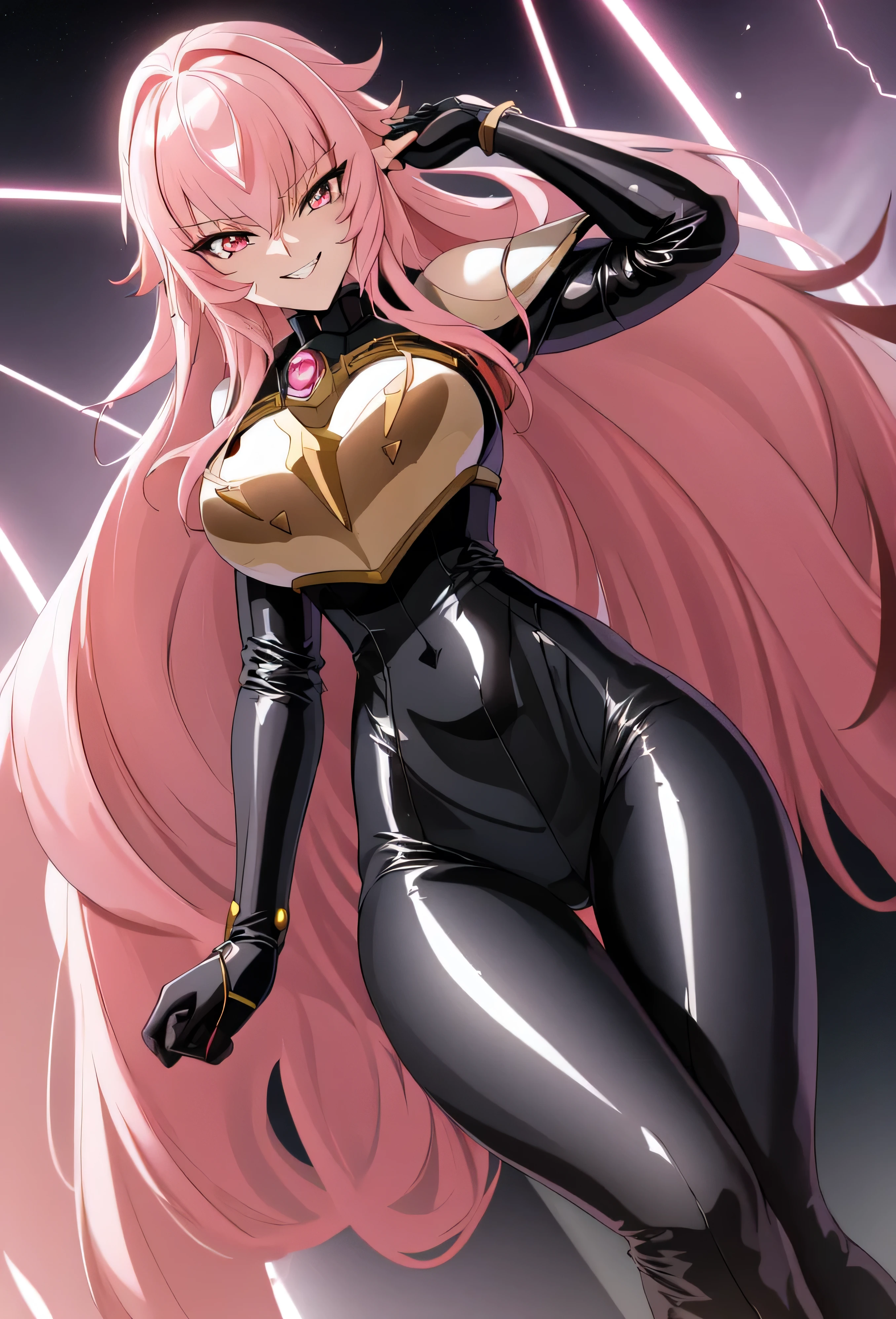 high quality, extremely detailed, perfect face, Nova, long pink hair, (black latex bodysuit), steel pauldrons, steel plate, long ears, evil smirk, evil laugh, medium breastk and stormy skies, lightning)(masterpiece:1.0),(Highest_quality:1.0), 超High resolution,4k,Super detailed, photo shoot, 8K, HDR, High resolution, disorganized:1.2, kodak portrait 400,raising a lightning,