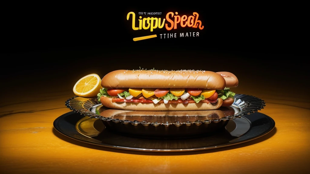 HOT hot dog, vintage soda ICE splesh and crazy slices of lettuce and tomato with black gears gradient background with a cool and powerful engine metal chrome accents, slices of oranges and lemons hyper realistic details of liquid neon splesh highlighting the word "FOOD DRINK" in the upper neon