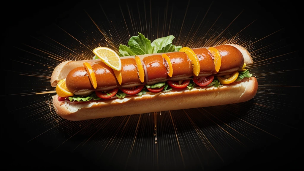 HOT hot dog, vintage soda ICE splesh and crazy slices of lettuce and tomato with black gears gradient background with a cool and powerful engine metal chrome accents, slices of oranges and lemons hyper realistic details of liquid neon splesh highlighting the word "FOOD DRINK" in the upper neon