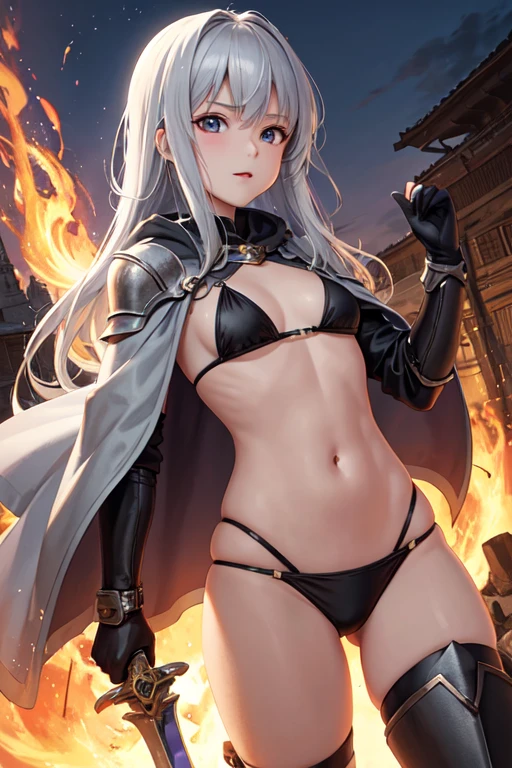 One beautiful girl、17 years old、Bikini Armor、Belly button、Tattered Cape、Longsword in one hand、Thighs、Glowing Skin、Full Body Lesbian、stand、Ruins in the background、Burning Flames、Fight monsters、Anime cute face、For viewers、Long silver hair、Metal Boots、片方のThighsに黒いリボンが巻かれている