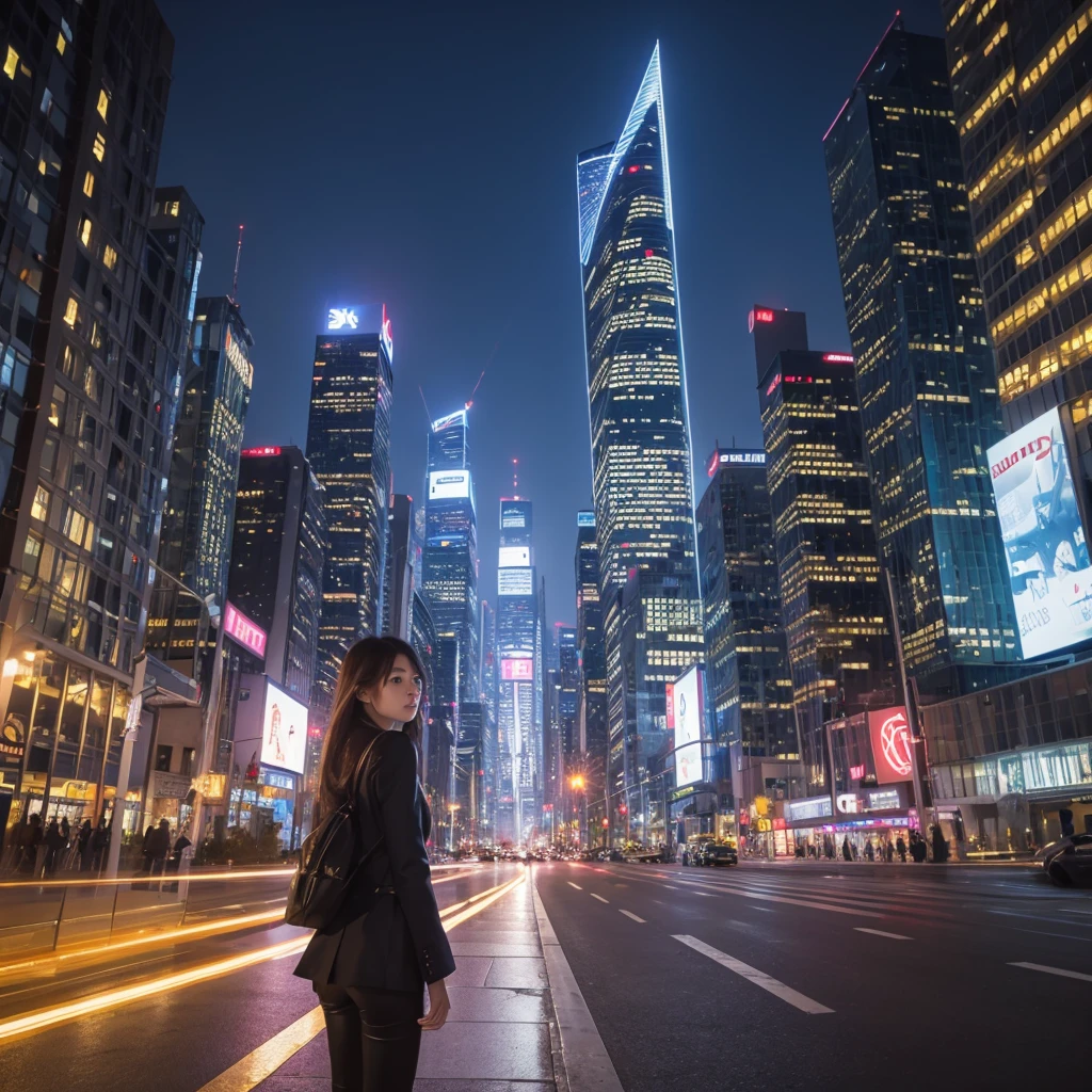 ((Highest quality)), ((masterpiece)), ((Realistic)), ((Highest quality)), ((masterpiece)), ((Realistic)),Woman looking down at skyscraper、Boyish clothing、Beautiful long hair fluttering in the wind、The neon lights of the skyscrapers shine golden、