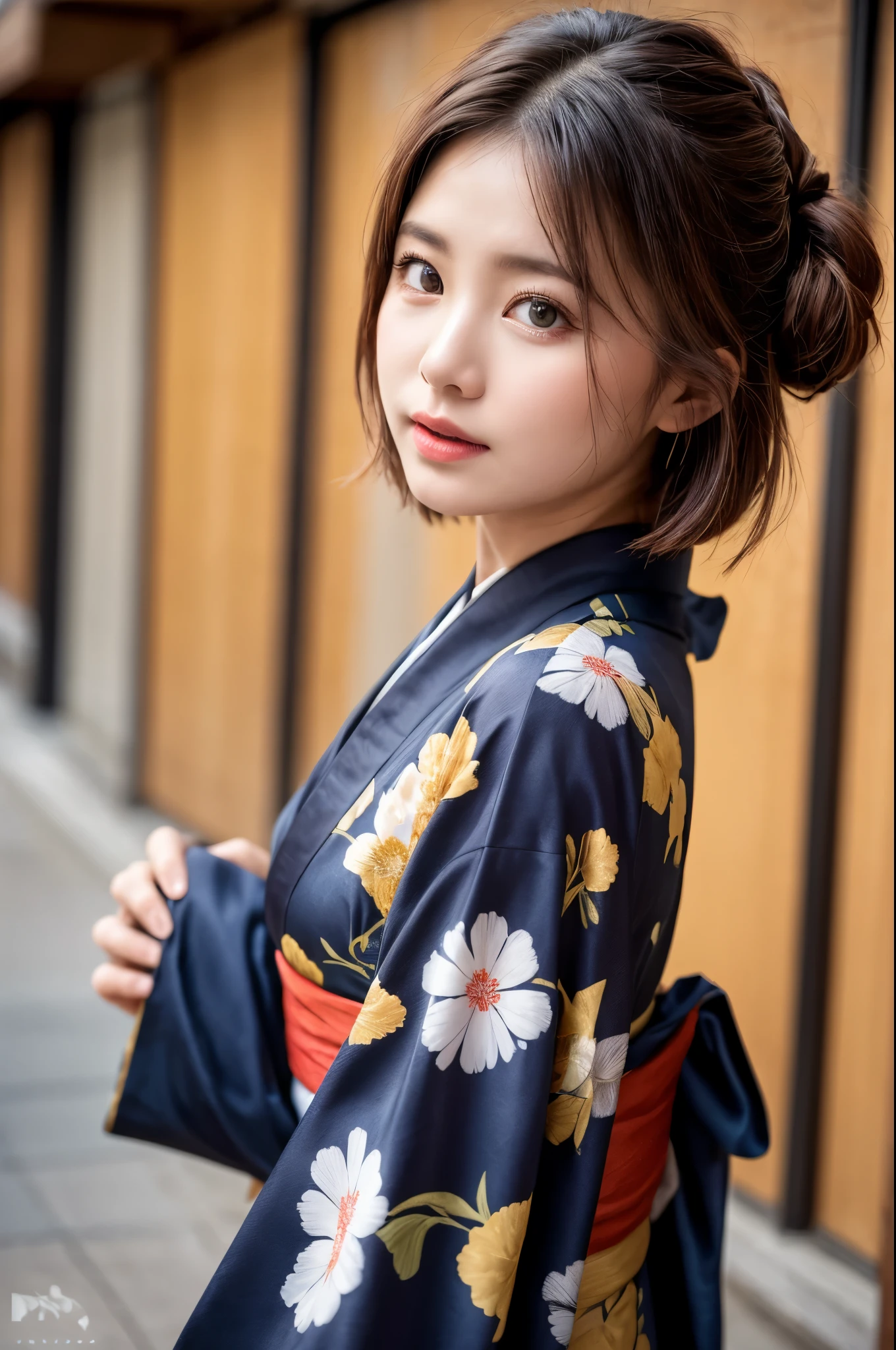 (((masterpiece))), (((Highest quality: 1.4))), ((Very detailed: 1.4)) , ulzzang-6500-v1.1, (RAW Photos:1.2), (Photorealistic), (Genuine:1.4), Sharp focus、Shot from the side、One girl, Beautiful and perfect face, Droopy eyes are cute、Duck mouth、One-Length Bob Cut, Japanese Clothing,kimono, 豪華なkimono、Beautiful long-sleeved kimono、Dazzling、Intricate details, Cinematic atmosphere, 8K, Very detailed, Sharp Eyes、