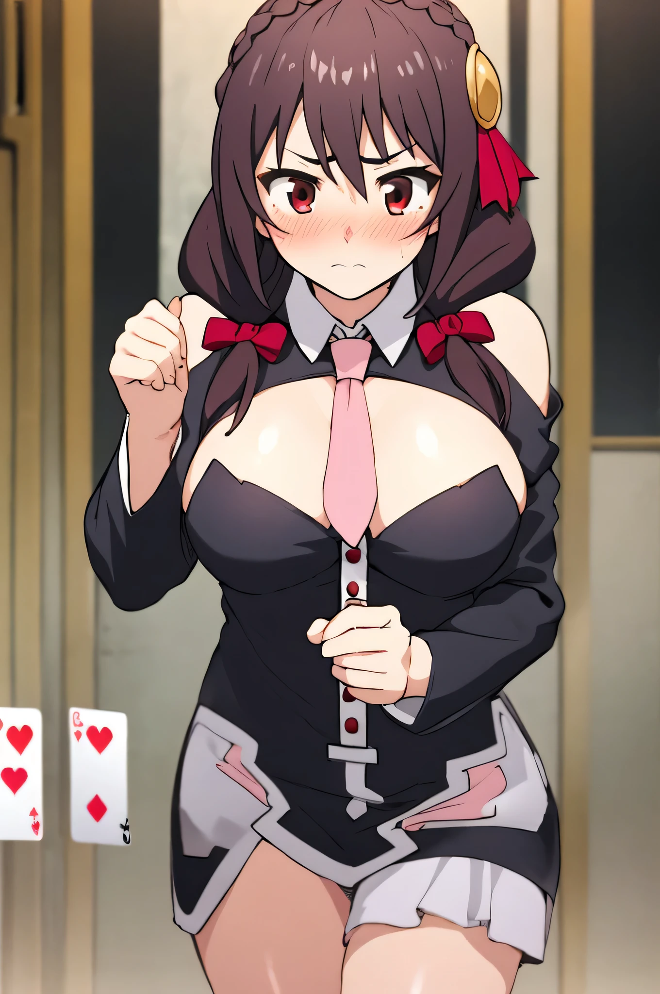 (masterpiece, Highest quality), One girl, Yunyun,Long Hair,Braiding,Twin tails,Hair between the eyes,Red hair ribbon,hair ornaments,large round breasts,、Pink Skirt、Black Hair、Crown Blade,Black Shirt, Long sleeve,Pink tie, belt, Cleavage cutout、Above the knee、(blush)、Young face、(Serious face:1.2)、Playing cards indoors