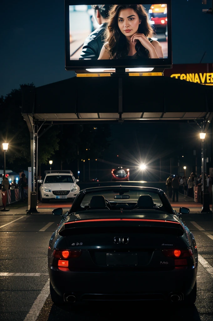 Shows Watching Films on a Stand Screen, With Cars Parked One-Other With Spectators Sitting on Top of the Cars at Night