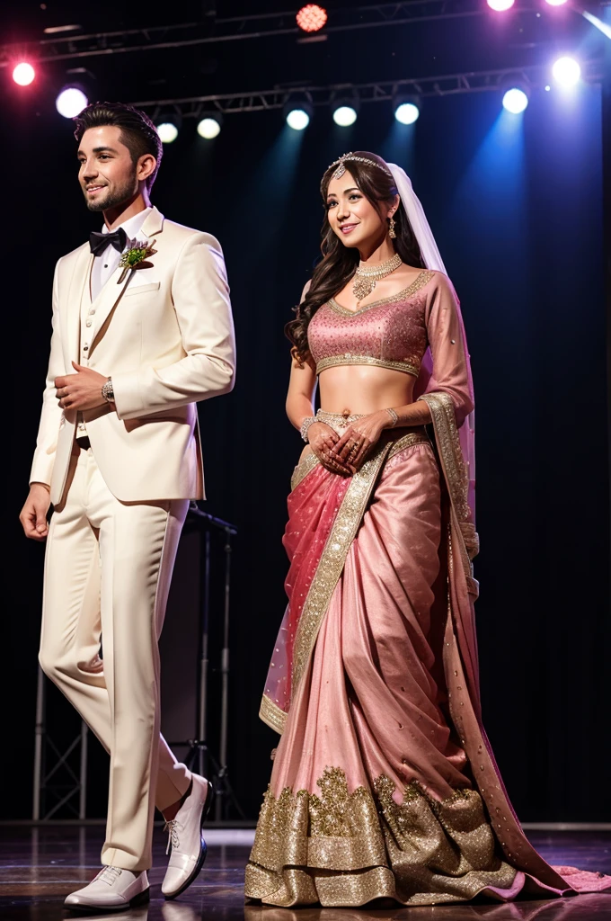 A handsome groom and beutiful bride is standing on stage