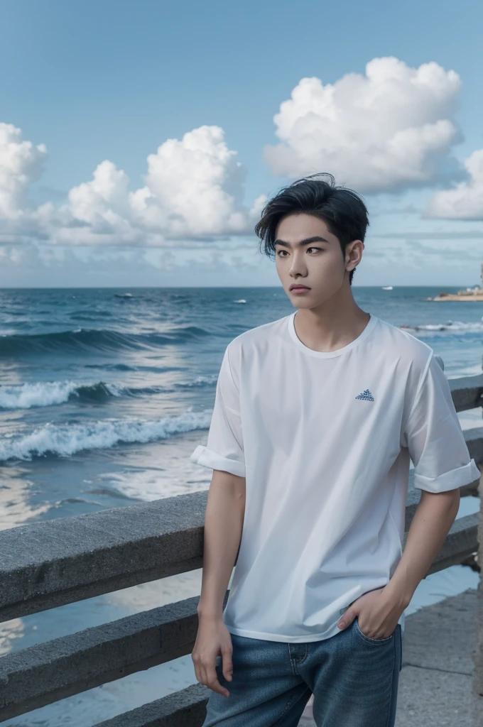 A young man in a shirt stood by the sea with a serious expression., looking into the distance,Eyebrows frowned.,He looked worried.,Turn your head slightly.,Cloudy day