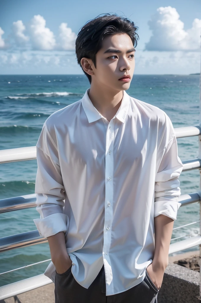 A young man in a shirt stood by the sea with a serious expression., looking into the distance，Eyebrows frowned.，He looked worried.，Turn your head slightly.，Cloudy day