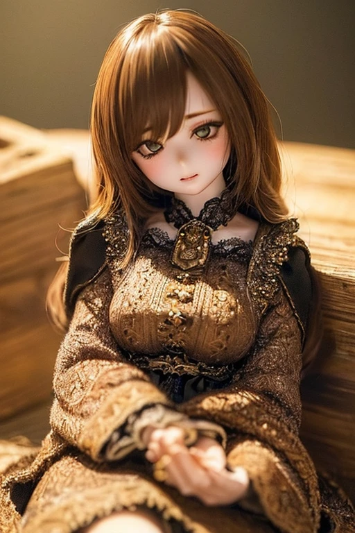 photorealistic, realistic photo, ((highest quality)), ((masterpiece)), (extremely detailed), kukolnydom, doll, (mature woman:1.6), solo, ((cowboy shot)), sitting on crate, green eyes, brown hair, parted lips, (looking at another, blank eyes, empty eyes, detailed eyes:1.3), dress, warehouse, 8k