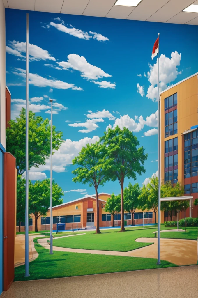 A school mural with the background of a student's life story that he strives to succeed.  The mural must be a combination of green, blue, white and red