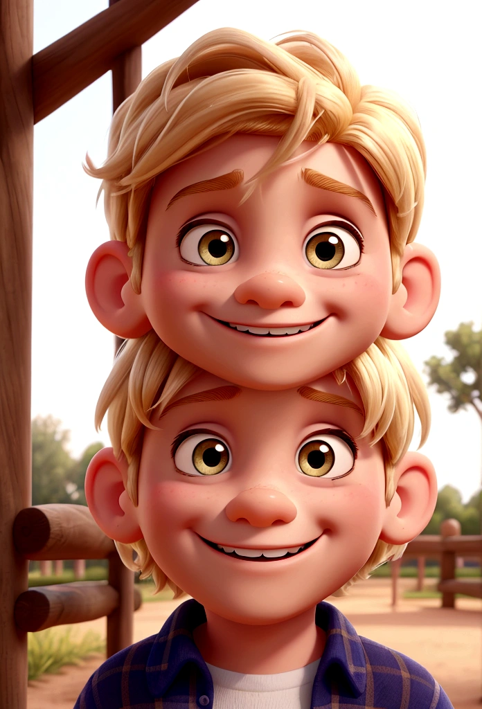 Make pixar disney style boy, 3years old, blond hair, smiling, gorgeous features, at the park.