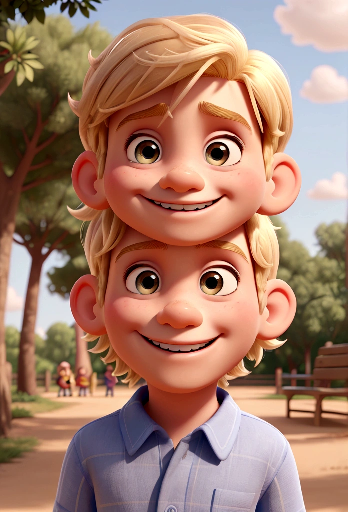 Make pixar disney style boy, 3ars old, blond hair, smiling, gorgeous features, at the park.