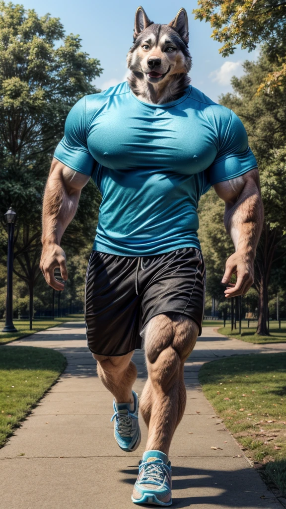 Dog, dog tail, husky, muscular, jogging, fluffy fur, tall, giant, (((big pecs))), handsome, t-shirt, park, smile, (((realistic, 8k, ultra details, masterpiece)))