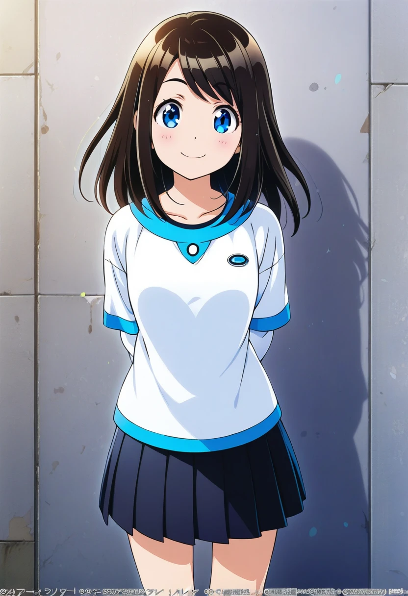 1girl, yabuki_kentarou, solo, official art, blue eyes, smile, looking at viewer, black pleated skirt, white shirt, hands behind back, smile