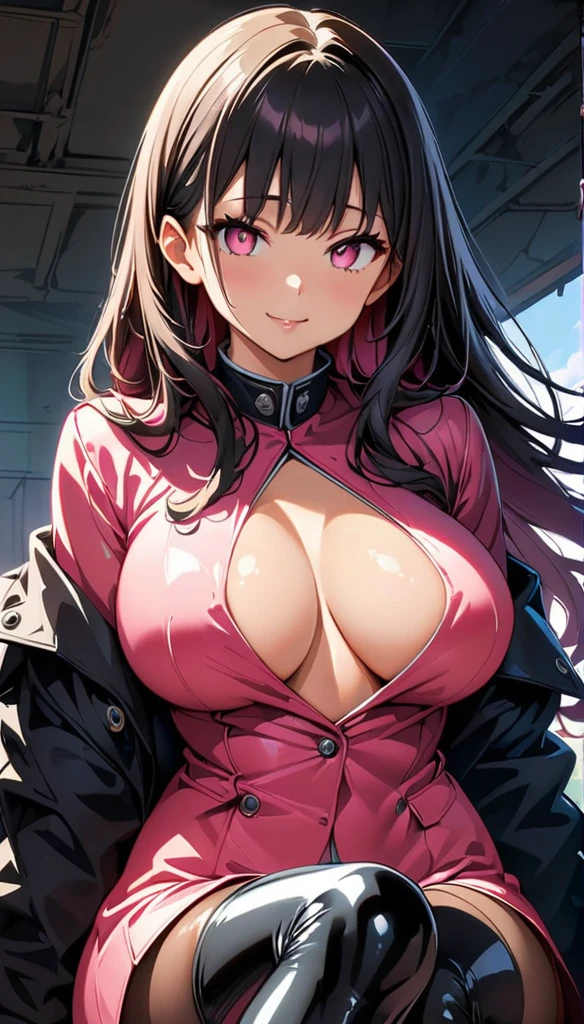 (highest quality:1.2, Anime artwork, Very detailed, High Detail, digital coloring, High Contrast, masterpiece:1.2, highest quality, Best aesthetics), 8k,masterpiece, cute,tall,beautiful,best quality, 1lady,black hair,long hair,empty eyes, (finely detailed empty pupils and detailed face),,,,extremely detailed cg unity 8k wallpaper,solo,(latex military costume:0.9),large breasts,seductive smile,military hat,latex thighhigh,large breasts,black hair,pink eyes,pink leotard,pantyhose,military coat,enamel suits,grossy lips,sitting,bust shot,sadistic smile,,heel,shiny skin,military coat,detailed face,beautiful body,full-body,adult,
