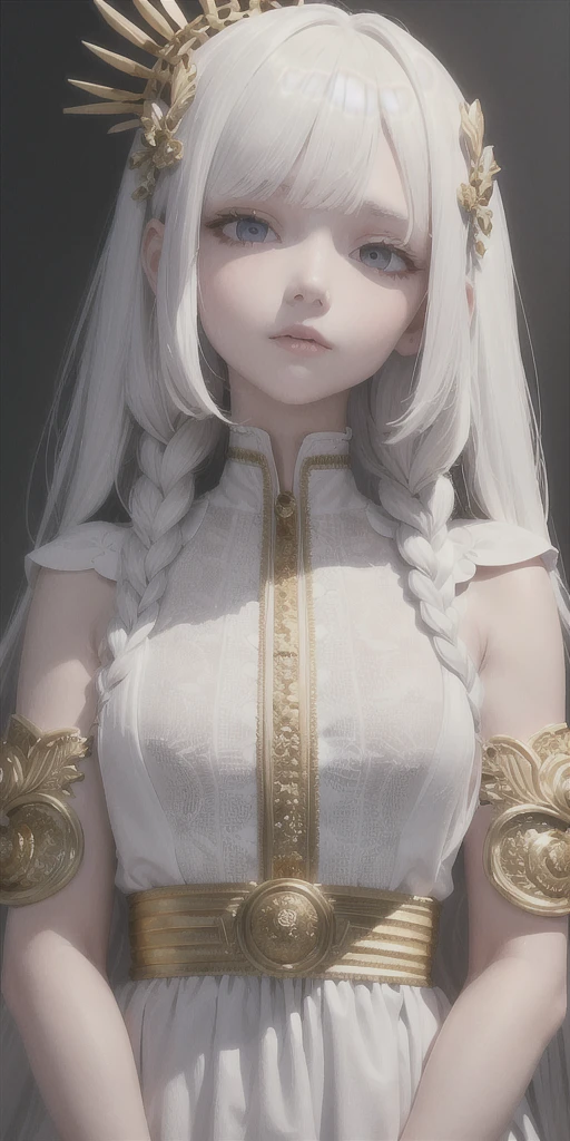 best quality, masterpiece,white hair, gold eyes,white clothes, looking up, upper body,hair strand,Fair skin,side braids