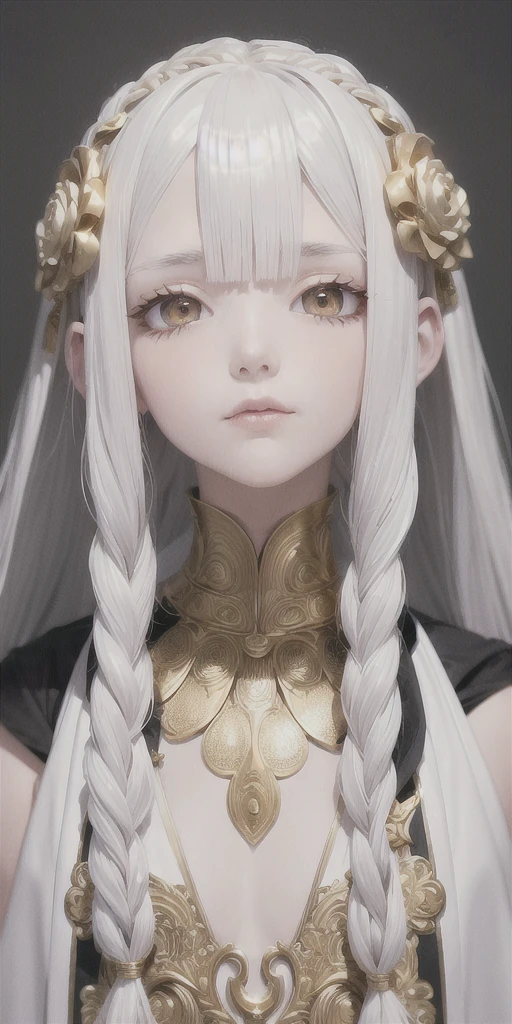 best quality, masterpiece,white hair, gold eyes,white clothes, looking up, upper body,hair strand,Fair skin,side braids
