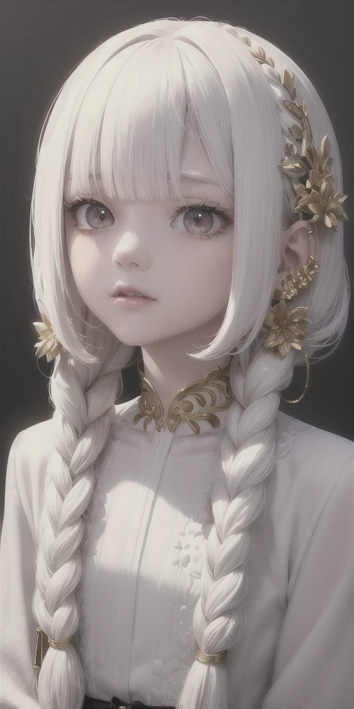 best quality, masterpiece,white hair, gold eyes,white clothes, looking up, upper body,hair strand,Fair skin,side braids