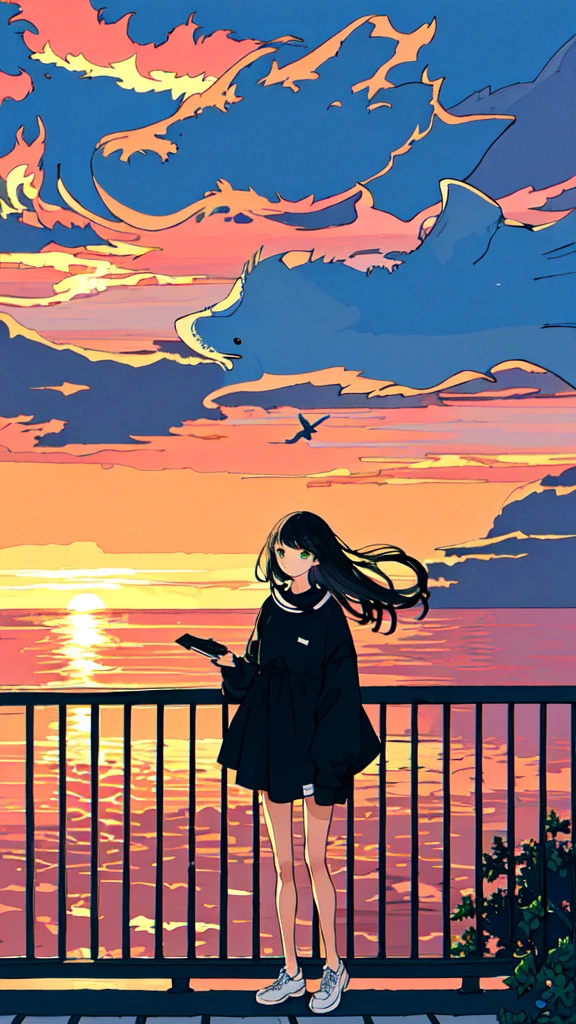 masterpiece, intricate details,highest quality, 1 girl, alone, handrail, cloud,outdoor, whale,long hair, shoes, zero, long sleeve, sneakers, power line, White shoes, black hair, looking at the viewer, telephone pole, bangs, cloudy zero, fish, bird, green eyes, shorts, animal, Day, black shirt,Are standing,Sunset