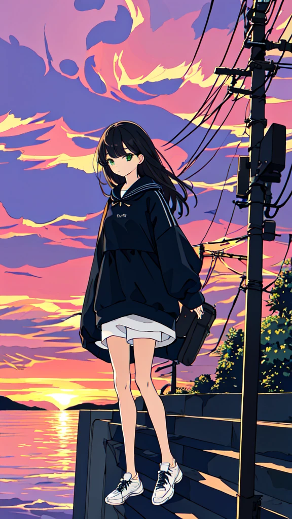 masterpiece, intricate details,highest quality, 1 girl, alone, handrail, cloud,outdoor, whale,long hair, shoes, zero, long sleeve, sneakers, power line, White shoes, black hair, looking at the viewer, telephone pole, bangs, cloudy zero, fish, bird, green eyes, shorts, animal, Day, black shirt,Are standing,Sunset