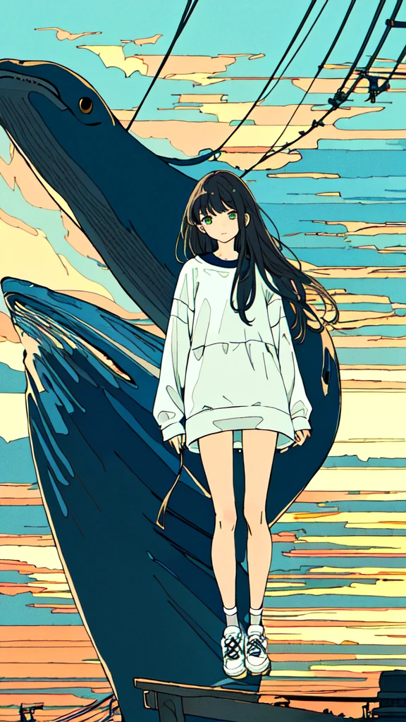 masterpiece, intricate details,highest quality, 1 girl, alone, handrail, cloud,outdoor, whale,long hair, shoes, zero, long sleeve, sneakers, power line, White shoes, black hair, looking at the viewer, telephone pole, bangs, cloudy zero, fish, bird, green eyes, shorts, animal, Day, black shirt,Are standing,Sunset