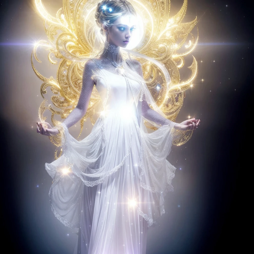 Very real image. Beautiful extraterrestrial goddess, with a long neck, big head, slanted eyes, tiny nose, bright blue luminous dots come out of her neck, she wears a white ruffled dress, she radiates golden lights. Photorealism, full view, highly detailed image, very realistic, hyperrealism, Ultra HD, 8k, 5, sharp focus, intricate and mysterious masterpiece. (Long exposure photography Very detailed close-up portrait artistic illustration: final quality, medium shot, backlight, Rich and striking. Enigmatic and mysterious manipulations (composition of the rule of thirds), ((detailed environment with strong lines) The best quality, in camera, white light, warm and clean aesthetics, dazzling screen composed of millions of brilliant ultraviolet rays, HDR.