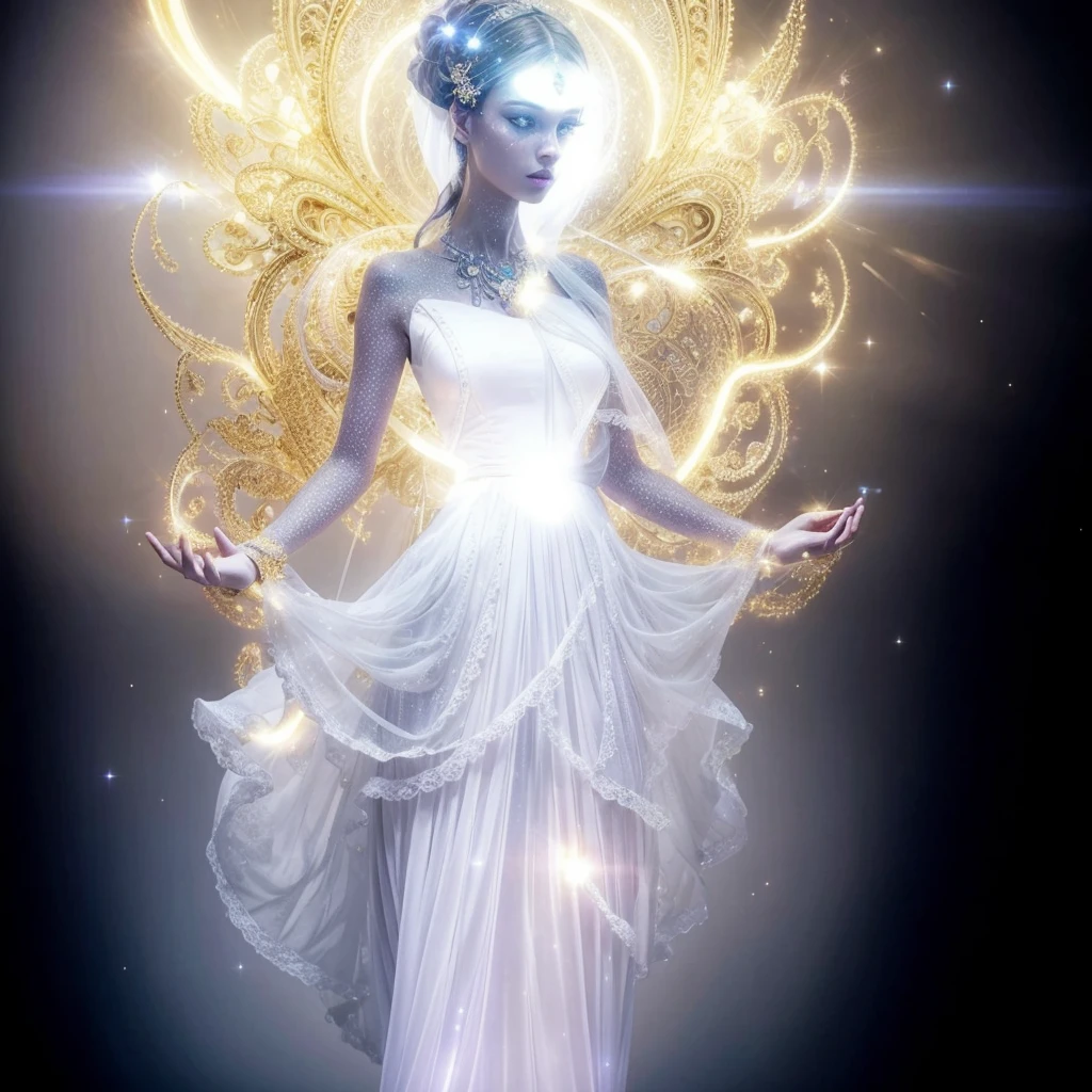Very real image. Beautiful extraterrestrial goddess, with a long neck, big head, slanted eyes, tiny nose, bright blue luminous dots come out of her neck, she wears a white ruffled dress, she radiates golden lights. Photorealism, full view, highly detailed image, very realistic, hyperrealism, Ultra HD, 8k, 5, sharp focus, intricate and mysterious masterpiece. (Long exposure photography Very detailed close-up portrait artistic illustration: final quality, medium shot, backlight, Rich and striking. Enigmatic and mysterious manipulations (composition of the rule of thirds), ((detailed environment with strong lines) The best quality, in camera, white light, warm and clean aesthetics, dazzling screen composed of millions of brilliant ultraviolet rays, HDR.