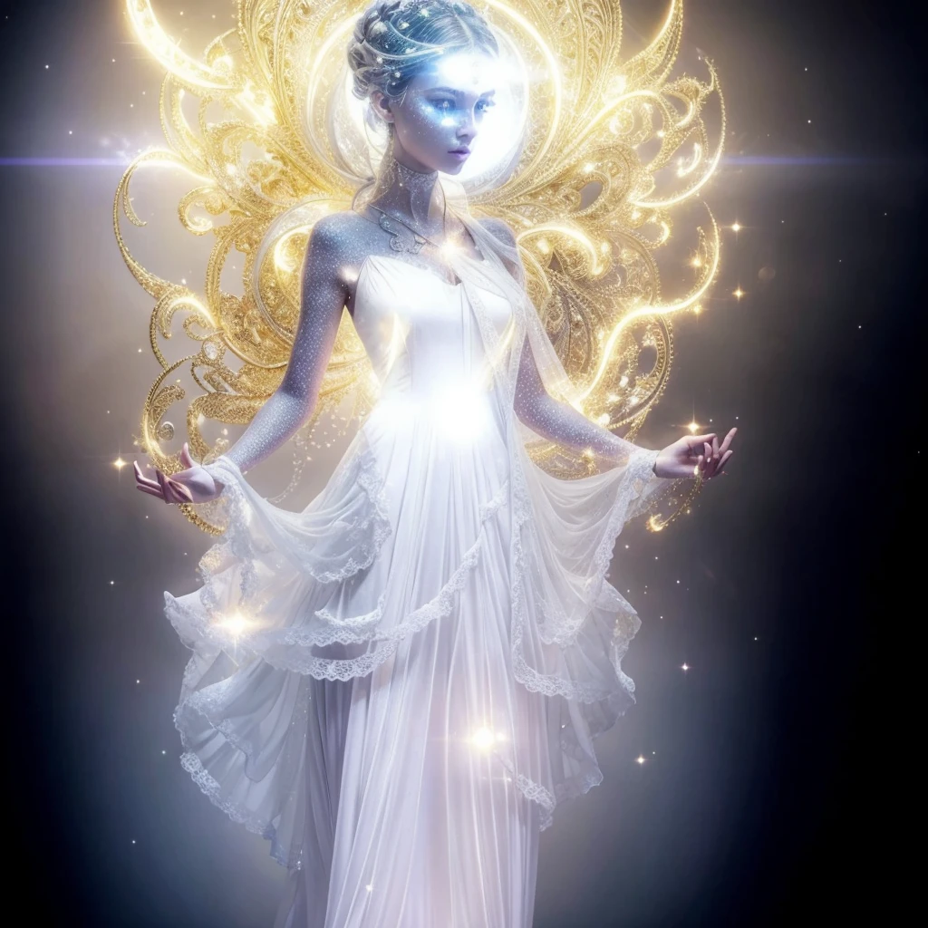 Very real image. Beautiful extraterrestrial goddess, with a long neck, big head, slanted eyes, tiny nose, bright blue luminous dots come out of her neck, she wears a white ruffled dress, she radiates golden lights. Photorealism, full view, highly detailed image, very realistic, hyperrealism, Ultra HD, 8k, 5, sharp focus, intricate and mysterious masterpiece. (Long exposure photography Very detailed close-up portrait artistic illustration: final quality, medium shot, backlight, Rich and striking. Enigmatic and mysterious manipulations (composition of the rule of thirds), ((detailed environment with strong lines) The best quality, in camera, white light, warm and clean aesthetics, dazzling screen composed of millions of brilliant ultraviolet rays, HDR.