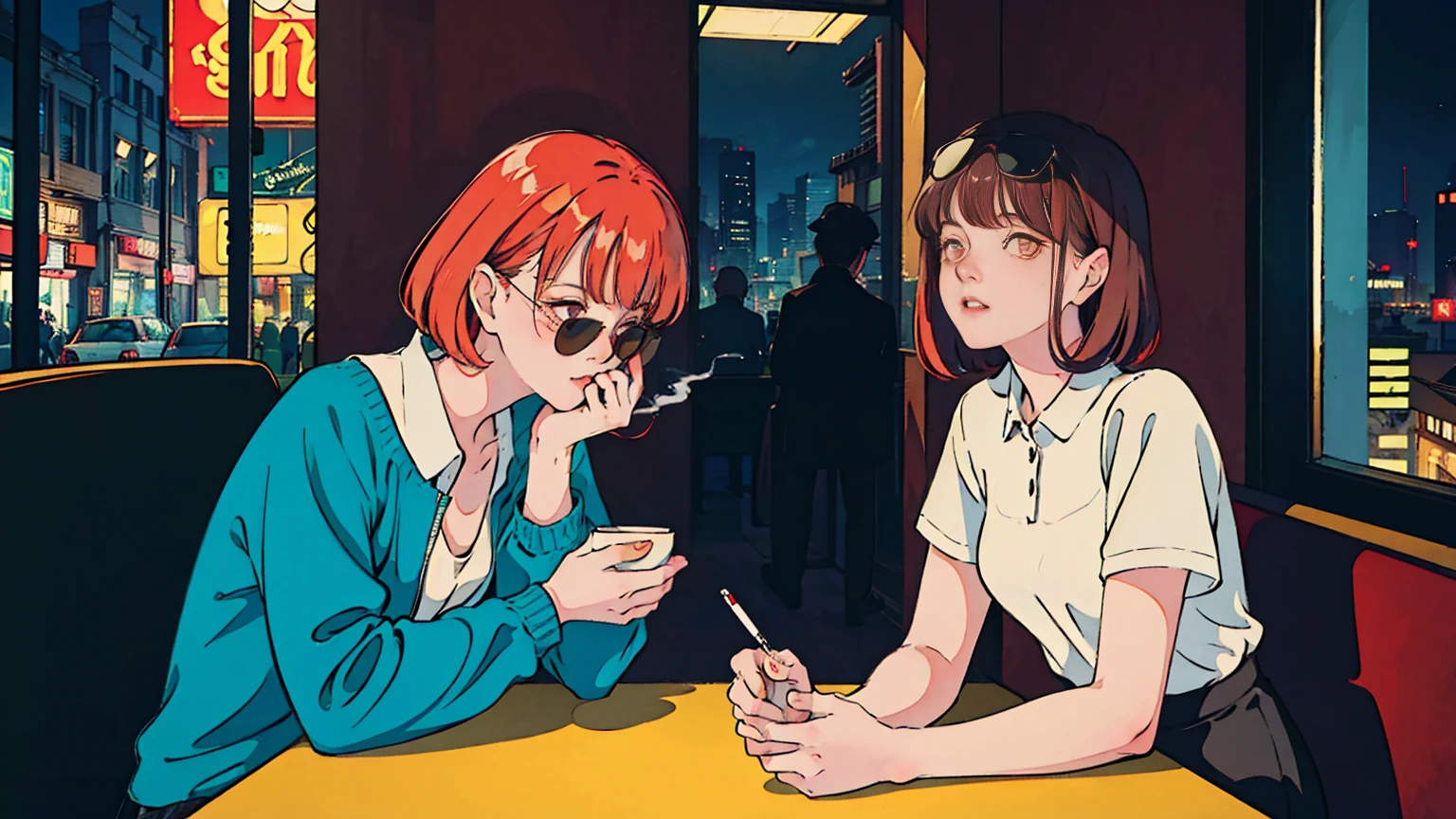 Beautiful redhead Asian girl sitting in a restaurant at night, Visible from the window, Perfect Face, sunglasses, Smoking white Taylormade cigarettes, Neon Black, (Backlight: 1.1), Hard Shadows, masterpiece, Highest quality, Complex, Model shooting style, Vintage, Film Grain, Incomplete details,Cyber City