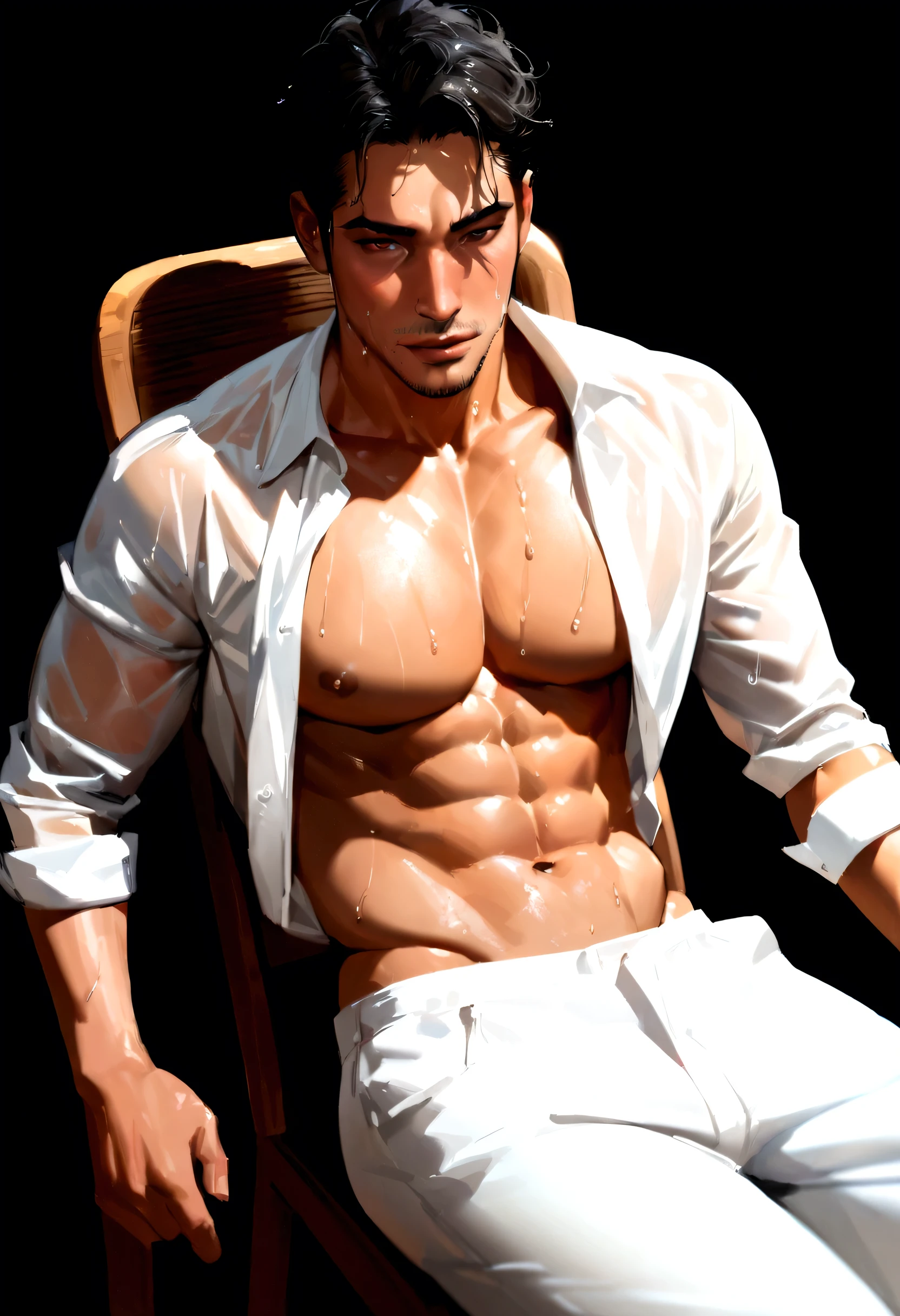 Wet Sexy asian man, male in a wet white shirt and tan pants sitting on a chair, big chest, handsome man, handsome guy, handsome stunning realistic, portrait of a handsome man, clothed in wet white shirt, sweat, (best quality)), ((masterpiece)), (detailed)